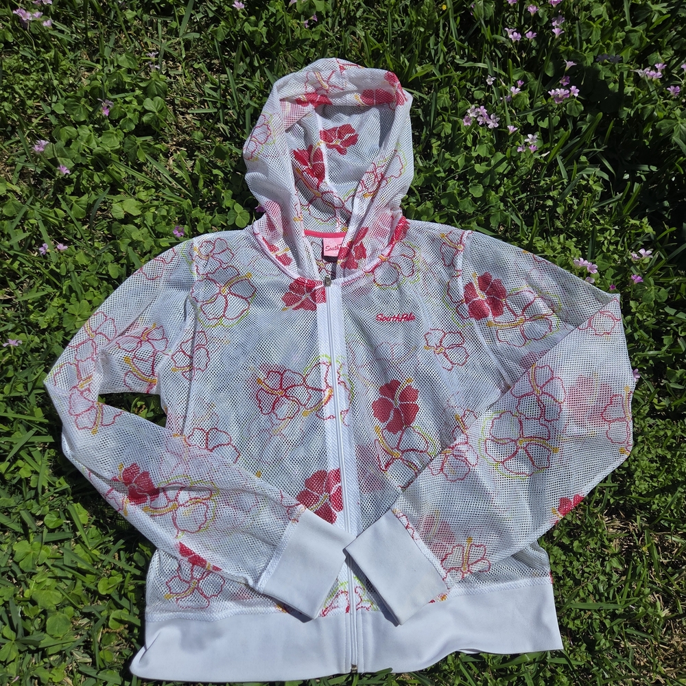 Y2K White Tropical Mesh Hoodie With Pink Hibiscus Print